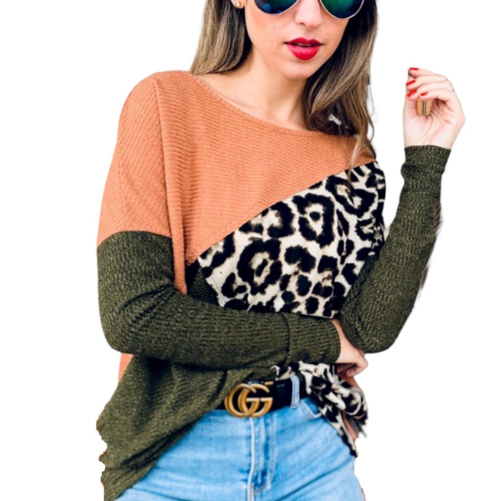 Amoli Leopard Color Block Ribbed Tunic Top - Picture 2 of 5